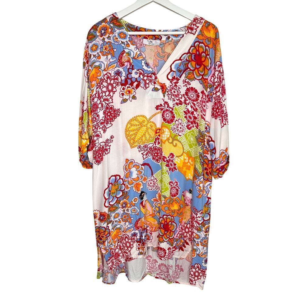 N Natori Floral 3/4 Sleeve V-Neck Mini Shift Dress White/Red Women's Size Large
